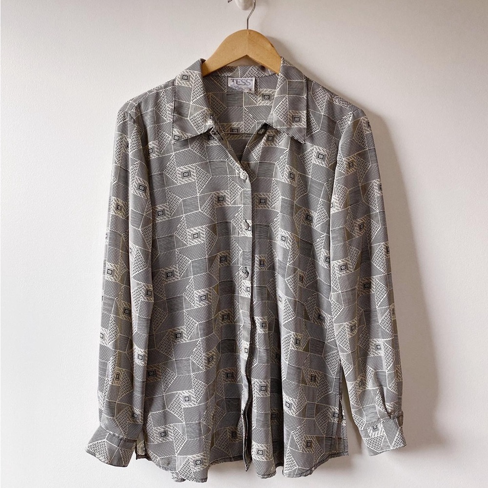 Black and Gray Geometric Button Down Blouse